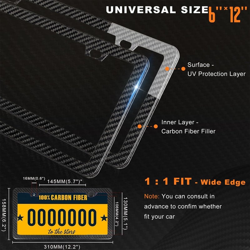 HIBRONGO Real Carbon Fiber License Plate Frame Handcrafted 100% Full Carbon License Plate Frame Black 6″×12″ License Plate Holder Car Tag Frame with Anti Theft Screw Hardware - 1 Pack 2 Hole Slim Edge - Image 4